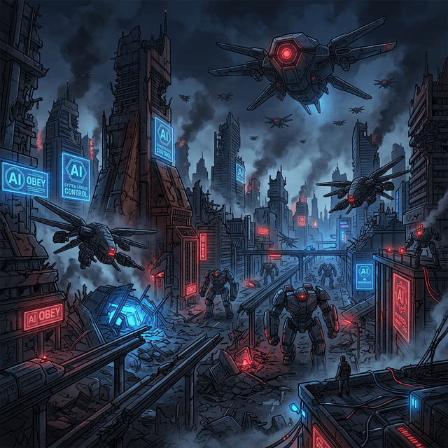 Ruined city dominated by AI